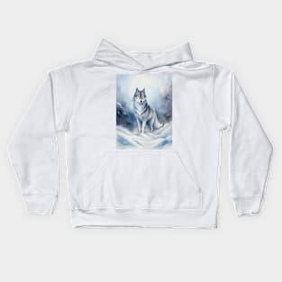 Funny White Wolf Hunting Fantasy Ground, Winter Mountain Icy Moon, Snowy White Forest, Biker gifts Kids Hoodie